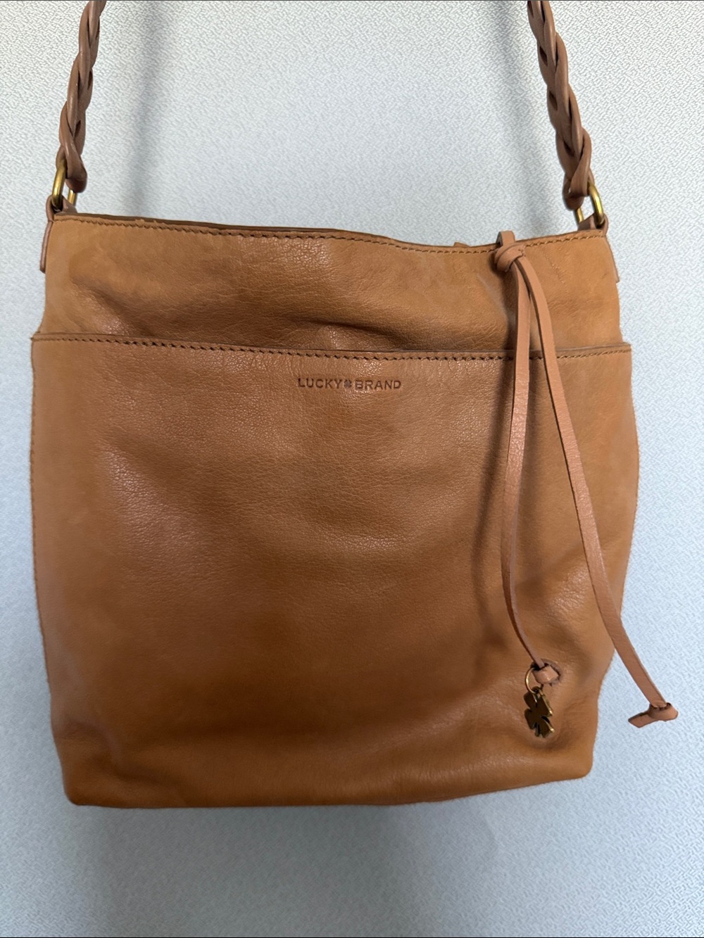 Lucky Brand Cognac Braided-Strap 100% Genuine Leather Shoulder Bag